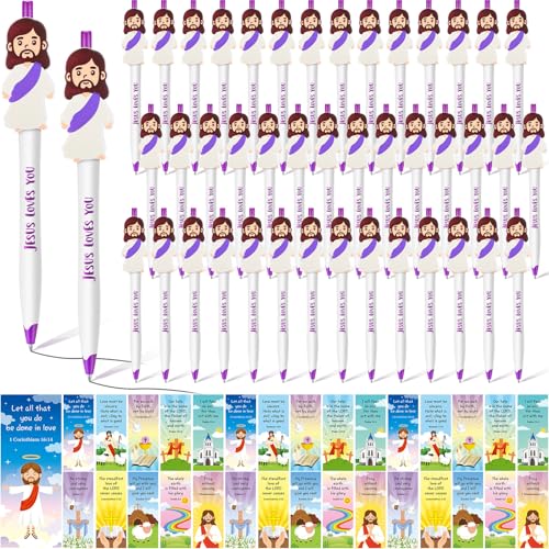 CroBlissful 120 Pcs Little Jesus Pens Bulk Christian Religious Gift for Kid Sunday School Prizes Vbs Gift Jesus Loves You Ballpoint Pen with Bible Verse Bookmarks for Church