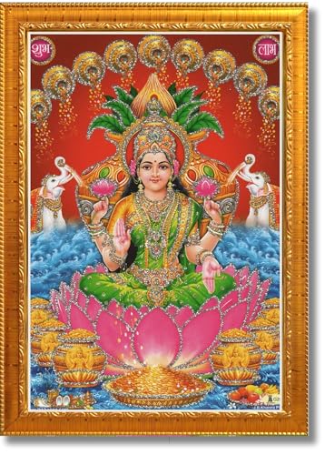 Image of CRAFT QUEST Lakshmi Devi Wall Painting Photo Frame for Diwali Pujan (Synthetic, Golden, Sparkle Finish, Small Size, 8 X 6 Inch)