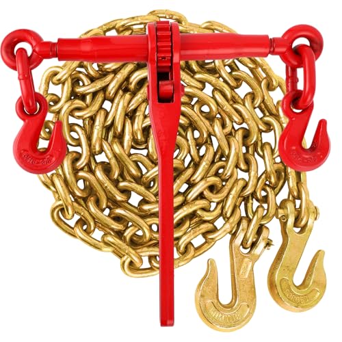 3/8" -1/2" Chain Binder, Grade 70 3/8"×10ft Chains, 1 Binder and 1 Chain, Load Binder for Binder Chain with Grappling Hook, for Industrial, Agricultu