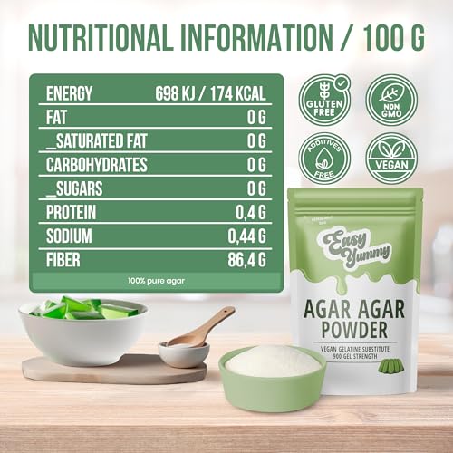 EASY YUMMY - Agar Agar (250g), Vegan Gelatin Powder, 100% Pure, No Additives, European Quality, Halal