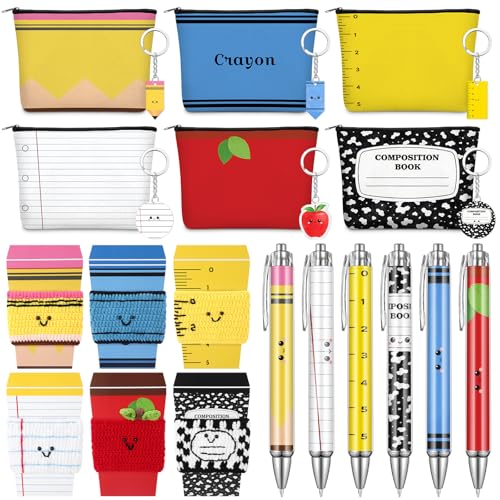 Fullhawl 30 Pcs Teacher Appreciation Gifts Bulk Pencil Pouch Makeup Bags Crochet Coffee Cozy with Cards Ballpoint Pens and Keychains for Appreciation Week Back to School Graduation Party Favors