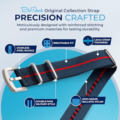 Image of BluShark - Original Collection Military-Style Waterproof Watch Strap, Fits All Timepiece Brands, Durable Nylon Wristwatch Accessories with Stainless Steel Buckle - 18mm, 20mm, 22mm & 24mm Watch Bands