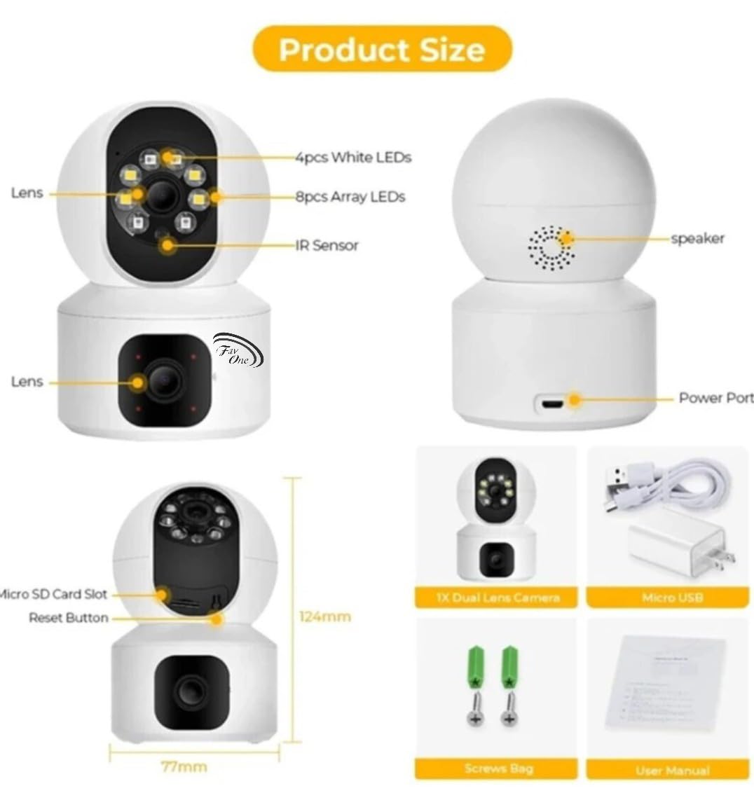 FAVONE Dual Lens Smart CCTV Camera WiFi IP Home Security Camera Double Side View Rotating Pan & Tilt, 2 Way Talk Auto Tracking Motion Detection Indoor CCTV IP Camera 1