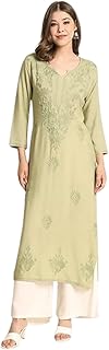 Women's Rayon Kurta with Round Neck Lucknowi Chickenkari Work Straight Cut | Kurta for Women Office (1614) - 60% OFF Deal at ₹745 on Amazon | Valzo