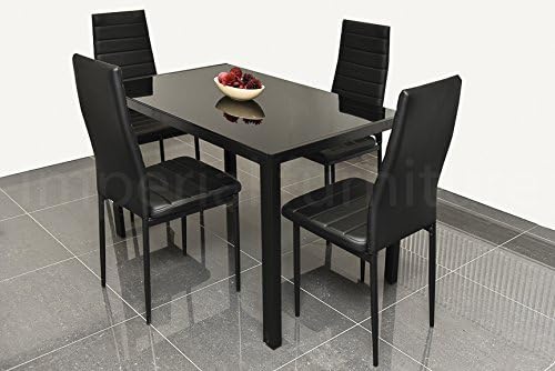 EBS My Furniture DESIGNER STYLE BLACK GLASS DINING TABLE SET WITH 4 FAUX LEATHER CHAIRS - EBS Black Faux Leather