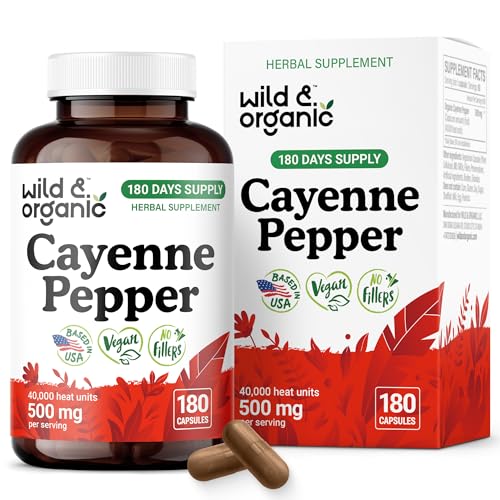 Wild & Organic Cayenne Pepper Capsules 500 mg - Digestive Support - Pure Cayenne Pepper Extract - Capsaicin Powder Supplement - Vegan, No Fillers, Non-GMO - 180 Count