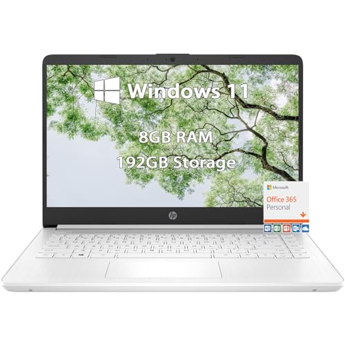 HP-14inch Laptop-Windows11 Laptop-School - Microsoft Office 365 - Quad-core Intel Processor - Long Battery Life - Ultralight Laptop for Student- Mini Laptop - 2023 (White, 8GB RAM |192GB Storage)