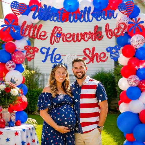 Image of What Will Our Little Firework Be He or She Banner 4th of July Garland | Independence Day Gender Reveal Party Decorations Red White & Blue Patriotic Baby Shower Party Supplies