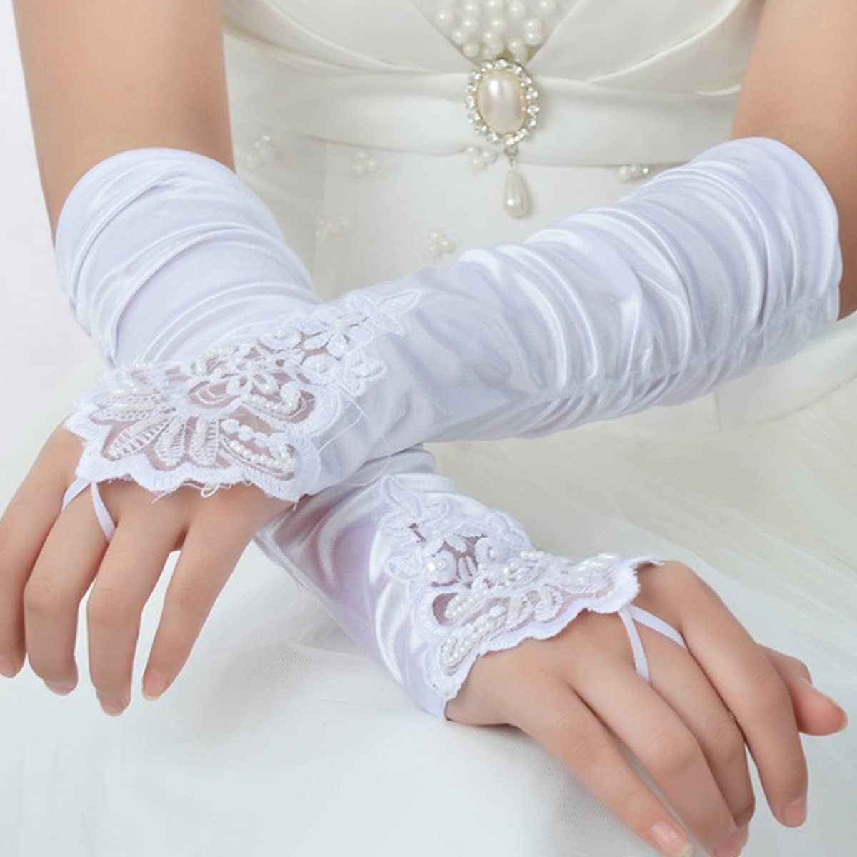 Specell Fingerless Satin Gloves Long Stretchy Fingerless Glove for Bridal Wedding Evening Prom Party Opera Halloween Costumes