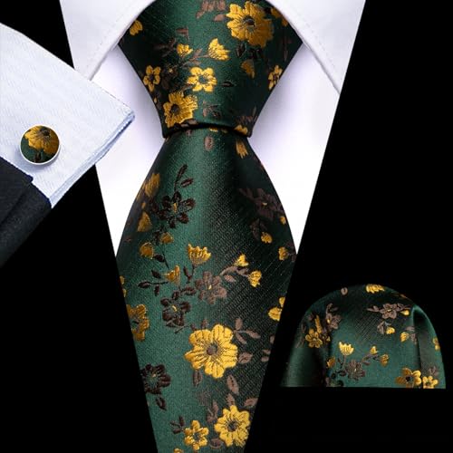 Image of Barry.Wang Flower Ties for Men Handkerchief Cufflinks Set Wedding Necktie Set Party