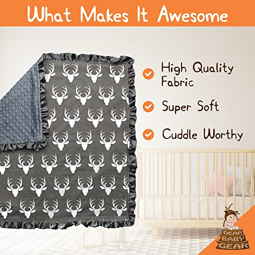 Dear Baby Gear Baby Blankets For Boys & Girls - Neutral Baby Blankets - Baby Girl Blanket & Baby Boy Blankets - Crib & Nursery Quilt - Baby Blankets Unisex - Antlers Grey, Grey Minky - W/Ruffles #TOP2