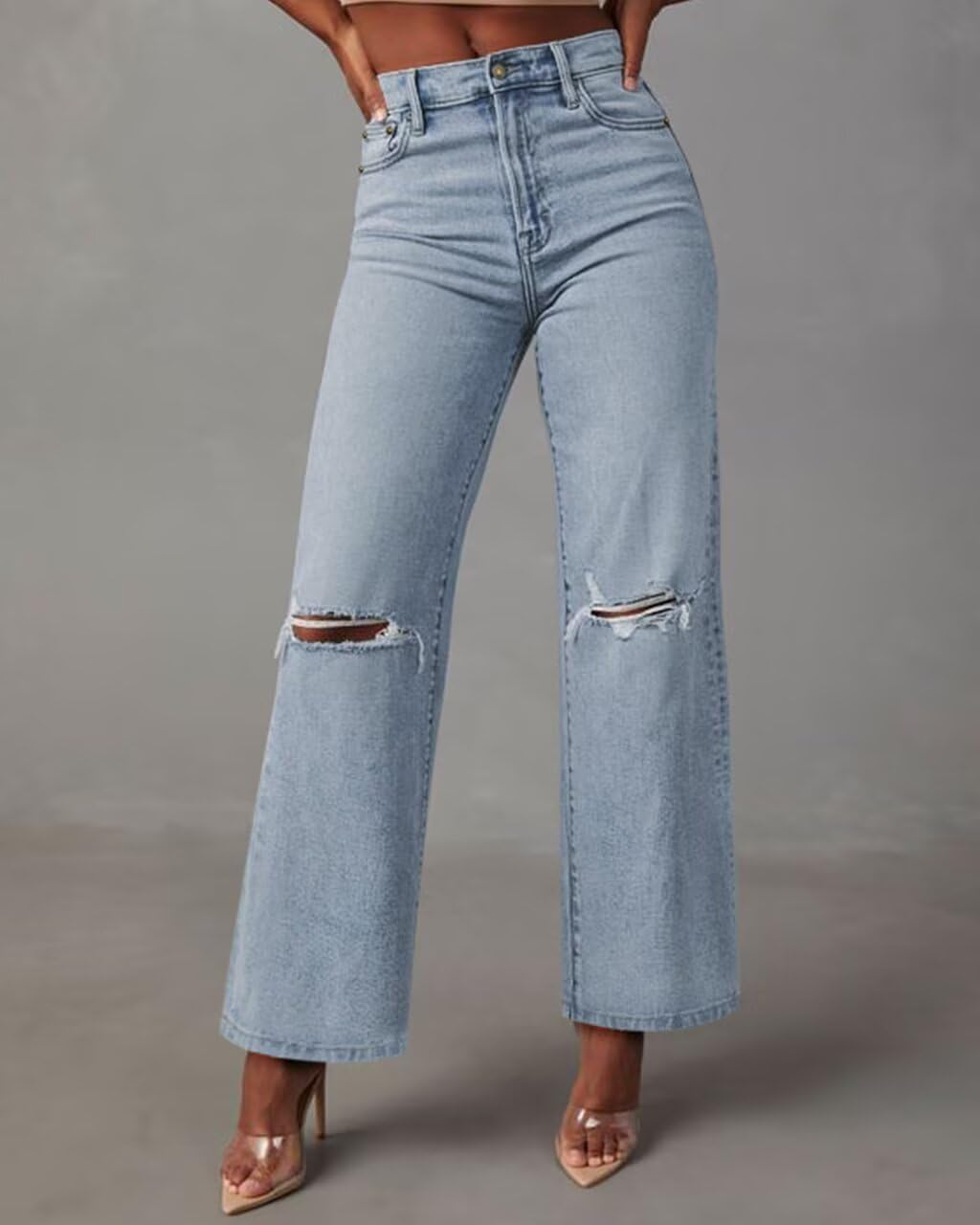 KDF Straight Leg Jeans for Women High Waisted Jeans Frayed Baggy Pants Raw Hem Loose Stretchy Cropped Wide Leg Jeans