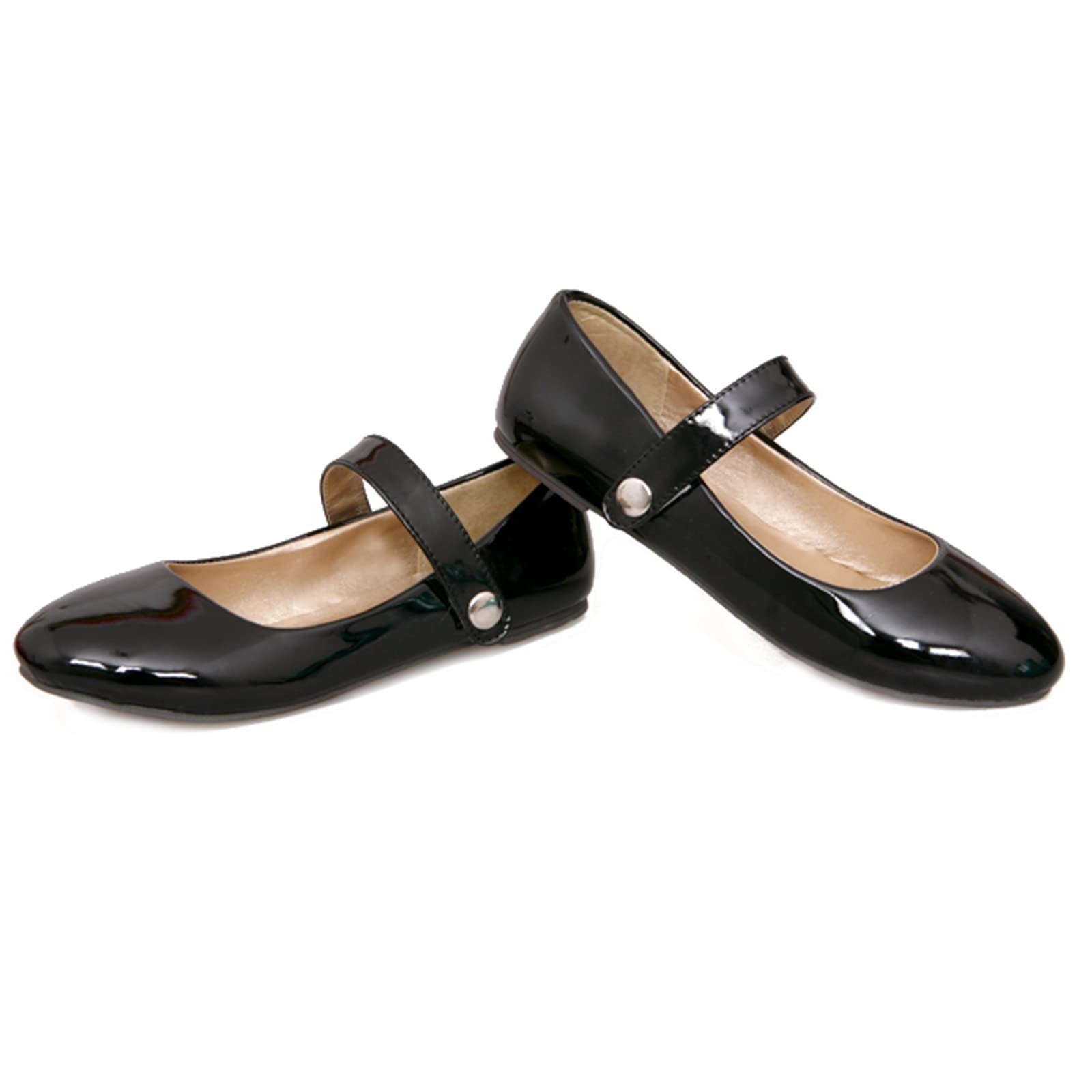 Mary Jane Halbschuhe für Damen Lackoptik Rund Flach 1cm, Bequeme Ballerinas mit Klettverschluss und Latex-Dämpfung für Büro Alltag City-Trip