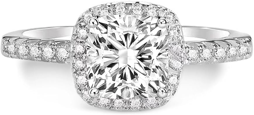 Blocaci Halo Cushion Cut Engagement Rings for Women 1 Carat Center Moissanite Engagement Rings Platinum Plated Silver Wedding Anniversary Promise Rings for Women