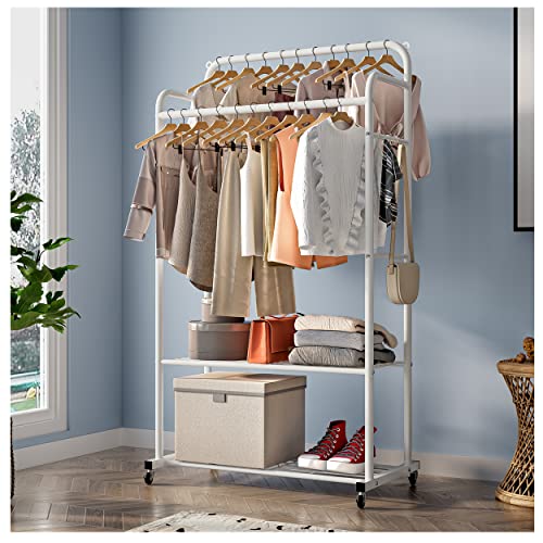 FTEYUET kleiderständer kleiderstange auf rollen, Garderobenständer Kleiderbügel mit 2 Kleiderstangen und Ablage, Weiss Cover