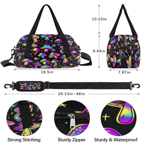 Rainbow Mushrooms Stars Kids Overnight Duffle Bags for Girls Boys, Mushrooms Print Lightweight Sports Gym Bag for Kids，Small Overnight Weekender Carry on Travel Bags Dance Bag3
