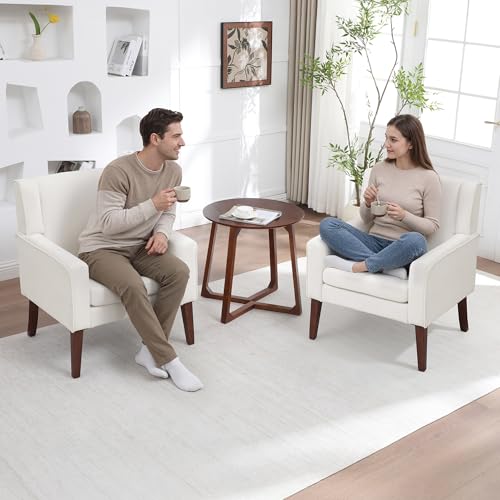 Image of Accent Chairs for Living Room, Mid-Century Reading Chair with Wood Legs, Upholstered Comfy Living Room Chair for Bedroom, Apartment, Waiting Room, Beige