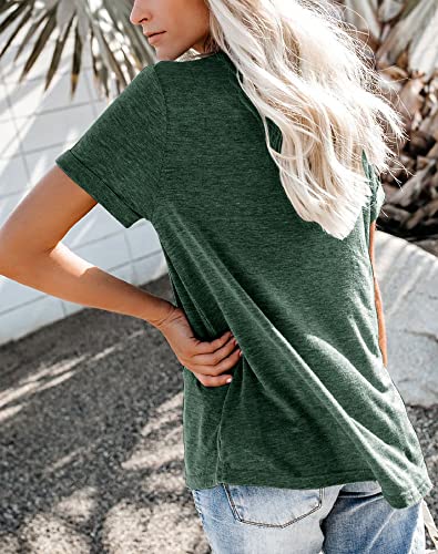 Bingerlily Women's Roll Up Short Sleeve T Shirts Summer Crew Neck Tops Loose Causal Tees With Pocket Green #TOP2
