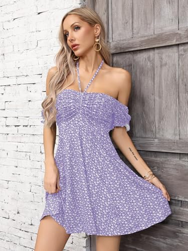 Image of Missufe Women's Puff Short Sleeve Drawstring Ruched Front Fit and Flare Floral Summer Casual Short Dress