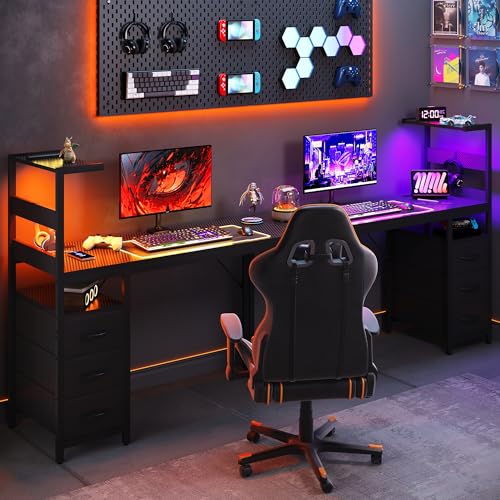 Image of YOUDENOVA 40 Inch Gaming Computer Desk with Led Lights, Small Desk with Storage Shelves and Drawers, Reversible Compact Gamer Table for Home Office, Carbon Fiber Black