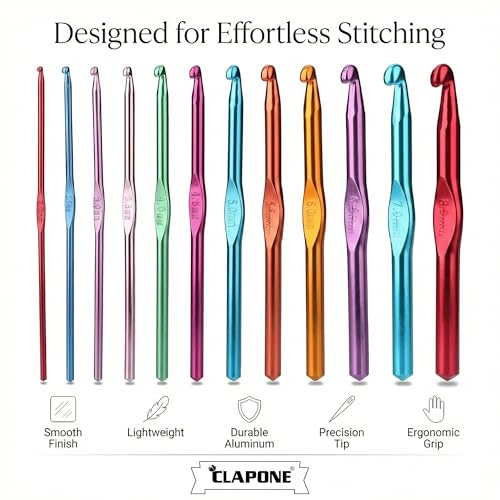 Image of CLAPONE Aluminum Crochet Hooks Set 2.0mm-8.0mm, Color-Coded Knitting Needles Kit, Smooth Metal Crochet Needles for Yarn Craft, DIY Weaving & Handmade Projects (Multicolor, 12 Piece Set)