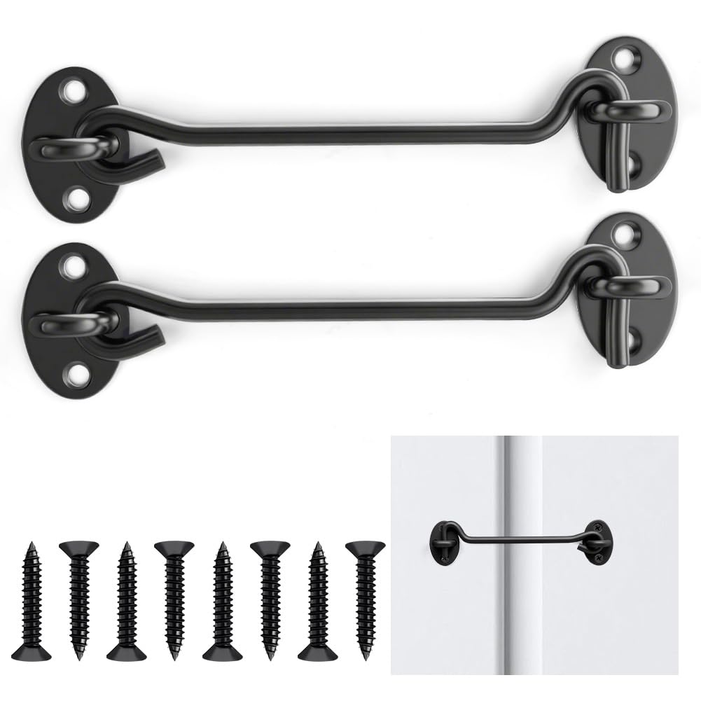 vsshe Hook and Eye Latch 2 Pack, 6 Inch Stainless Steel Door Hooks, with 8 Mounting Screws, Cabin Hook