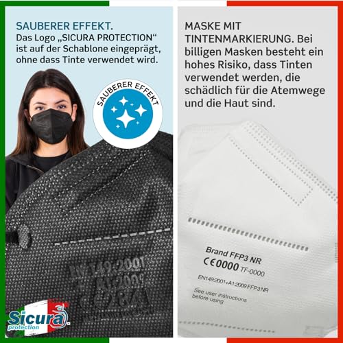 10x CE-zertifizierte FFP3-Masken Schwarz Made in Italy mit aufgedrucktem SICURA-Logo PFE ≥99% | BFE ≥99% SANIFIZIERT und einzeln versiegelt