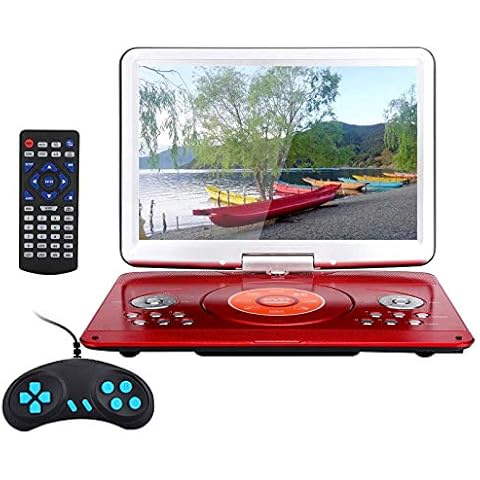 YOOHOO 16.9” Portable DVD Players with 14.1” Swivel Large LCD Screen Travel DVD Players for Kids Rechargeable Car Adapter Support USB SD Card, AV IN/OUT Remote Control, Red Cover