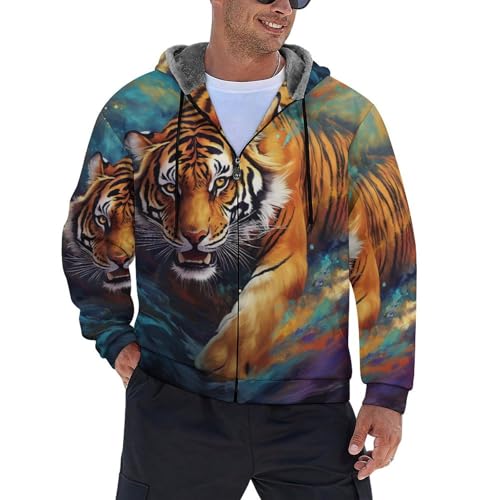 Sweat à capuche en polaire zippé pour homme avec imprimé tigre coloré