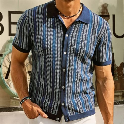 Generic Men's Short Sleeve Stripe Knitted Shirt Button Down Polo Shirts Vintage Business Casual Cardigans3