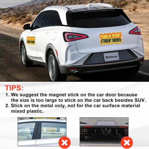 Image of Student Driver Car Magnet, 2 Pack Super Large Please Be Patient Student Driver Signs for Car, Reflective New Driver Vehicle Bumper Magnetic Sticker, Novice Driver Safety Warning Sign, 12x6in