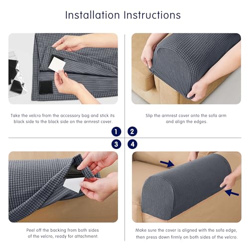 SUBRTEX Stretch Couch Arm Covers Set of 2, Checkered Sofa Arm Slipcovers, Anti-Slip Armrest Covers for Recliner and Armchairs, Pet Proof, High Stretchy, Hook & Loop Tape, Gray