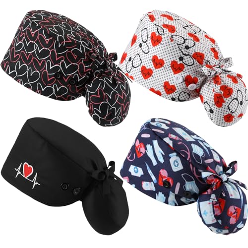 Image of Unittype 4 Pcs Nurse Caps for Women Nursing Working Caps with Button and Sweatband Adjustable Elastic Scrub Hats for Dentist