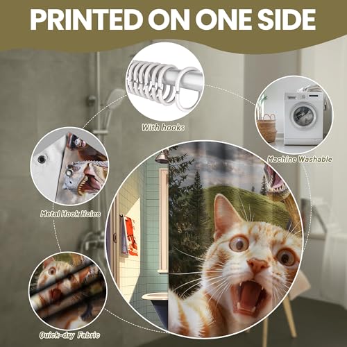 Image of Extra Tall Shower Curtain XL Fun Cat Riding Dinosaur, 70 x 96 Inchs