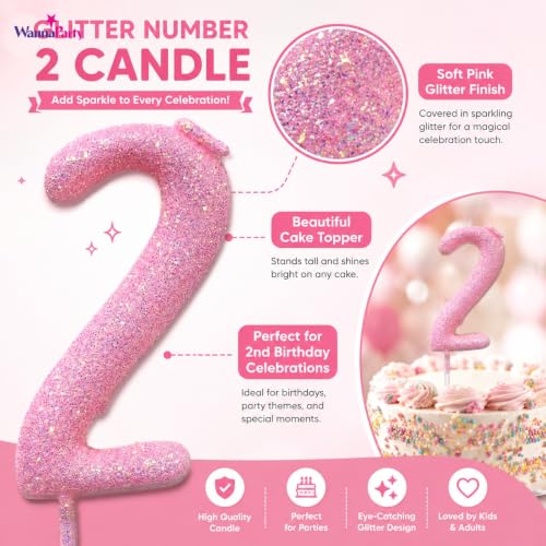 Image of Wanna Party Glitter Designer Pink Number 2 Birthday Candle, Numerical Cake Candle for 2nd Birthday, Cake Cutting, Party Decoration & Celebration Supplies - 1PC