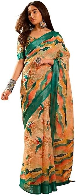 indian Cotton Floral Printed Saree, Beige and Green, Lightweight Fabric, Ethnic Wear for Women