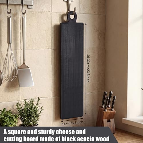 Image of 1 Pcs Acacia Wood Cutting Board with Handle 23.8 x 5.5'' Rectangular Shaped Charcuterie Chopping Board for Pizza Cheese Meat Decorative Black Wooden Serving Tray for Kitchen and Dining Room