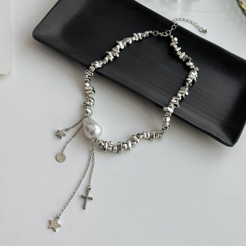 Chunky Baroque Pearl Tassel Choker,Silver Irregular Chain Pearl Statement Necklace,Geometric Bead Chain Fringe Short Necklace Y2k Jewelry - Image 5