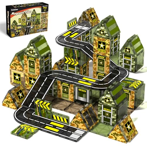 GobiDex Magnetic Tiles Army Toys, STEM Military Magnetic Building Blocks for Toddler Kids Ages 3-5 4-8, Magnet Construction Toys Birthday Gifts for 3+ Year Old Boys & Girls Army Men Playset