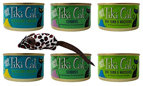 Tiki Cat Grain Free Cat Food 3 Flavor Variety 6 Can with Toy Bundle, 2 Each: Succulent Chicken, Seabass, Ahi Tuna Mackerel (2.8 Ounces)