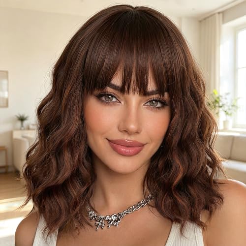Image of Nnzes Brown Wigs for Women 16 Inch Synthetic Short Curly Wig with Bangs