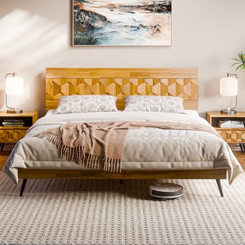 Image of Bme Georgina Signature Bed Frame with Handcrafted Geometric Headboard, Mid Century Modern, Solid Acacia Wood, No Box Spring Needed, 12 Strong Wood Slats Support, Easy Assembly, Teak Brown, King