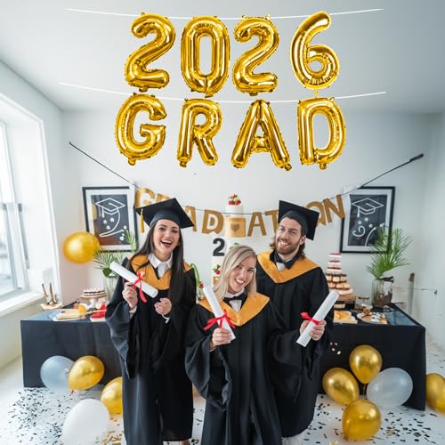 Image of 2026 Congrats Grad Balloons, 16 Inch Metallic Gold 2026 GRAD Foil Balloons Banner Sign for Graduation Decorations 2026, College High School Class of 2026 Graduate Congratulations Party Decor Supplies