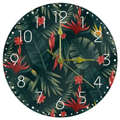 Horloge murale silencieuse à quartz en acrylique avec motif tropical de feuilles vertes - 2