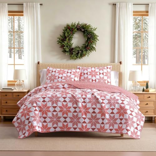 Image of Martha Stewart - King Cotton Percale Quilt with Shams, Reversible Bedding | 100% Cotton Percale, 80 /20 Cotton Blend Fill, Breathable, Reversible Star Patchwork, Includes 2 Shams, Machine Washable