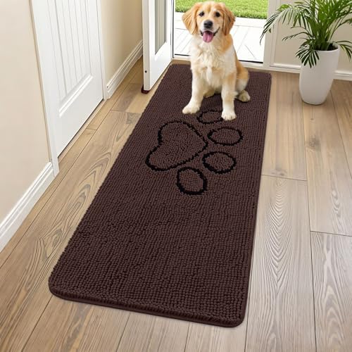 Image of Smiry Dog Door Mat for Muddy Paws, Absorbent Dirt Trapper Non Slip Quick Dry Washable Chenille Mat for Mud Dogs, Entry Rug for Indoor and Outdoor (59x24 Inches, Brown and Black)