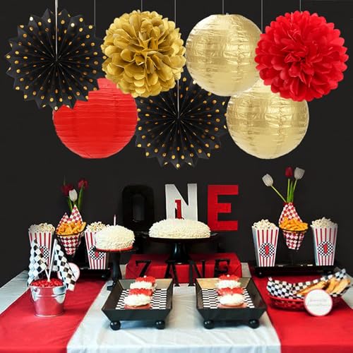 Image of Red-Black Gold Casino Theme Party-Decorations - 20pcs Game Night Paper Lanterns Fans,Tissue Pom Poms,Honeycomb Balls,Bunting,Birthday Graduation Wedding Bridal Baby Shower Decor Burgleda
