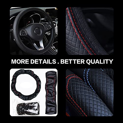 Leather Car Steering Wheel Cover, Classical Leather Automotive Steering Wheel Covers,Breathable, Non-Slip,Elastic, Universal 15 inch Steering Wheel Protector (Black) - Image 3