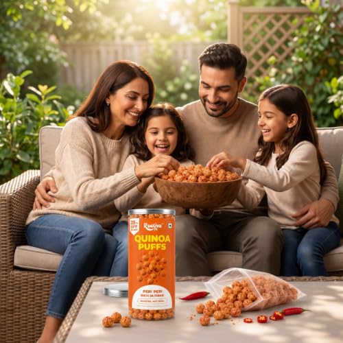 Image of ROOTIVAFIT Quinoa Puffs Peri Peri Flavour, Roasted Not Fried, Rich in Fibre, Made with Jowar and Quinoa Flour, 80 g, Pack of 1 | New