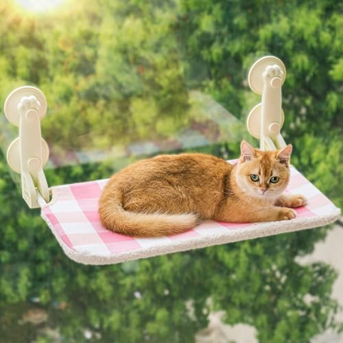 Mewoo Cat Window Perch Cat Hammock Seat for Indoor Cats Reversible Mat Use Year-Around Cat Bed Providing All-Around Sunbath Saving Space Washable Holds Up to 40 lbs (Pink, Medium)